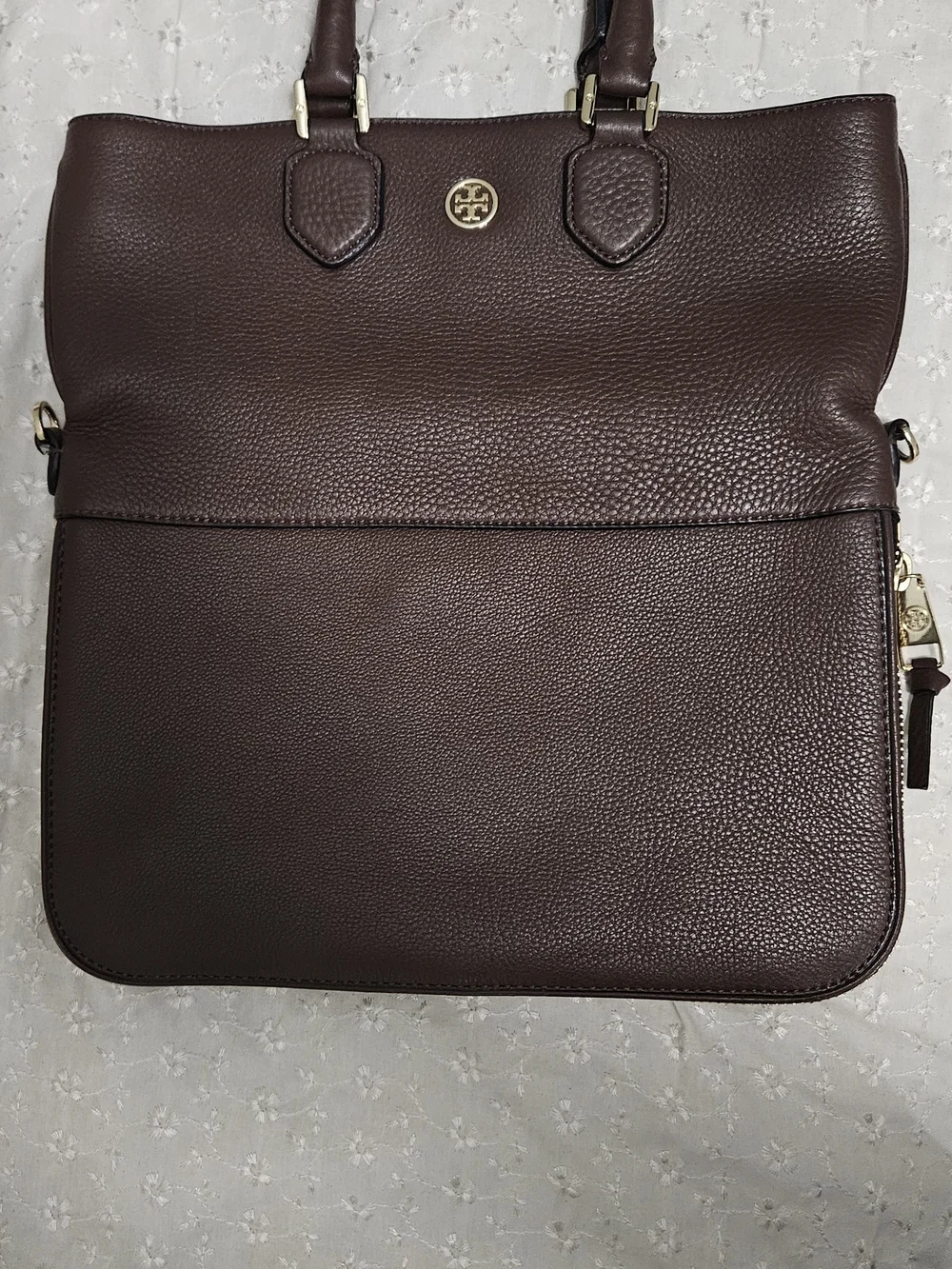 Tory Burch Dark Brown Pebbled Leather Laptop Tote with Gold Logo